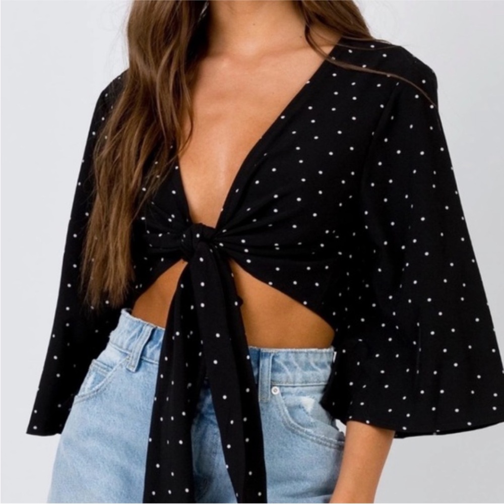Polly Black Polka Dot Crop Top With Front Tie Size 6